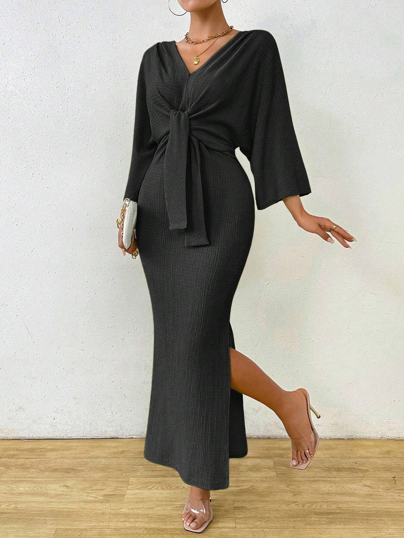 Women's V-Neck Tie Front Ruched Midi Dress with Slit