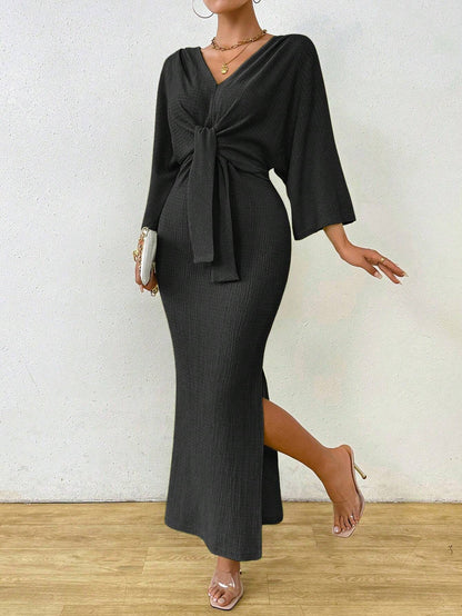 Women's V-Neck Tie Front Ruched Midi Dress with Slit