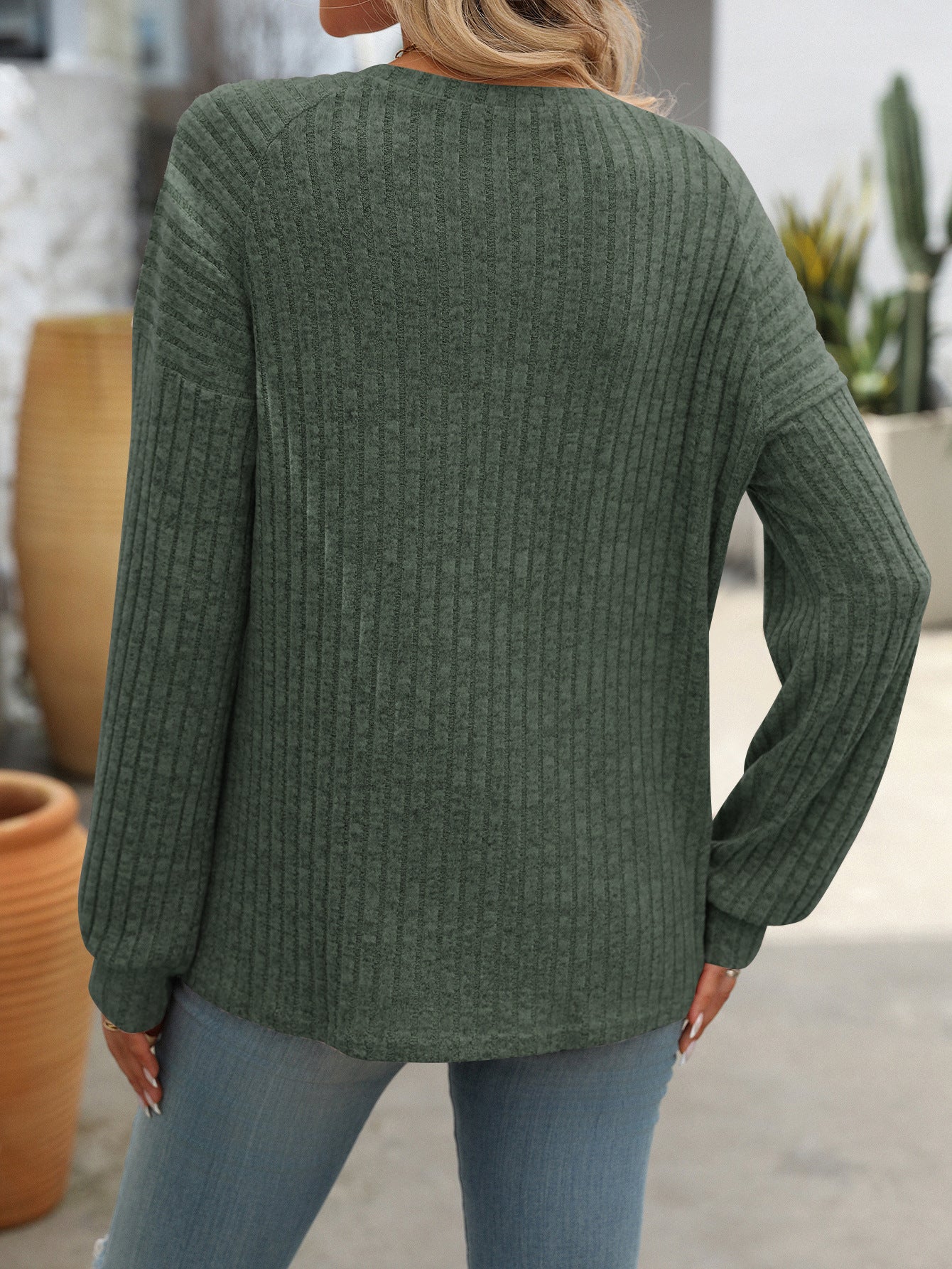 Casual Solid Color Ribbed Knit Button Detail Long Sleeve Top