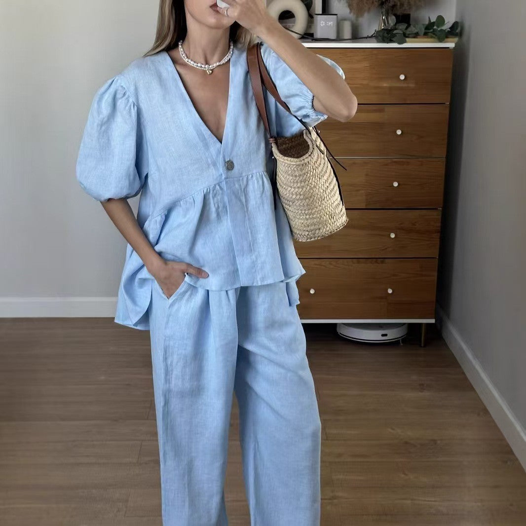 Linen Blend Puff Sleeve V-Neck Top & Wide Leg Pants Set
