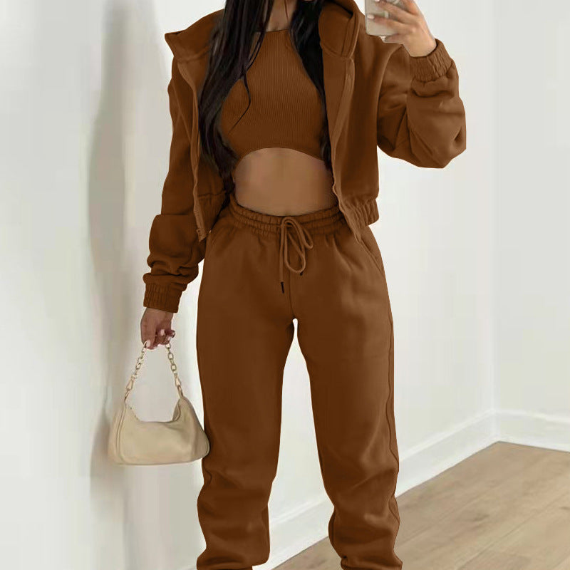 Women 3 Piece Hoodie Crop Top Jogger Pants Set