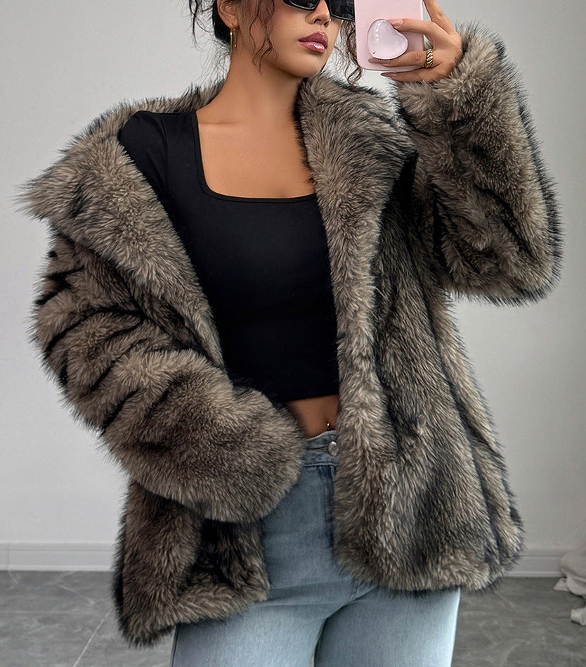 Luxury Faux Fur Long Sleeve Plush Coat for Women Winter