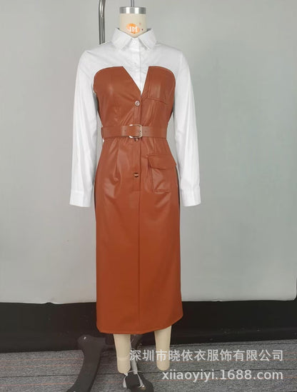 Color Block Faux Leather Belted Shirt Dress Midi