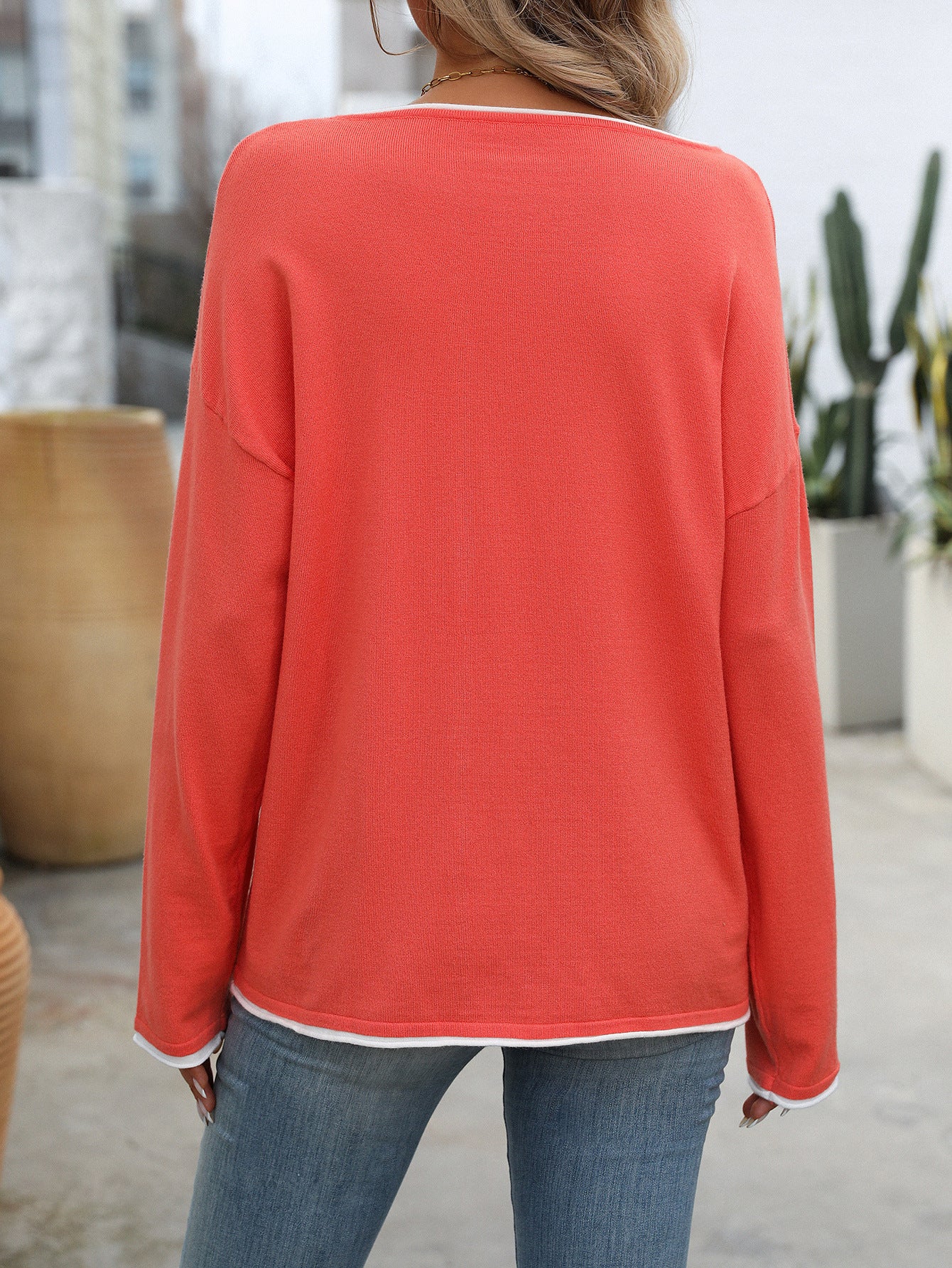 Coral Colorblock Crew Neck Long Sleeve Knit Sweater