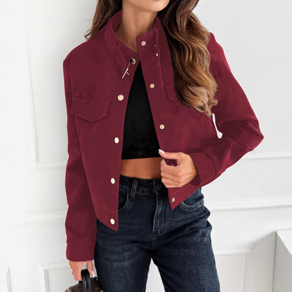Women's Faux Suede Jacket Button Front Long Sleeve Pockets