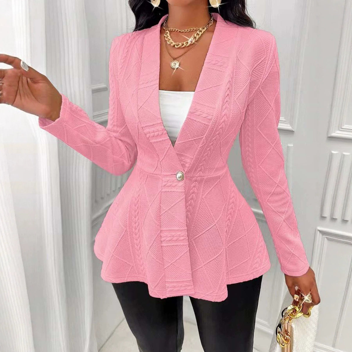 Women's Textured Peplum Blazer One Button Long Sleeve