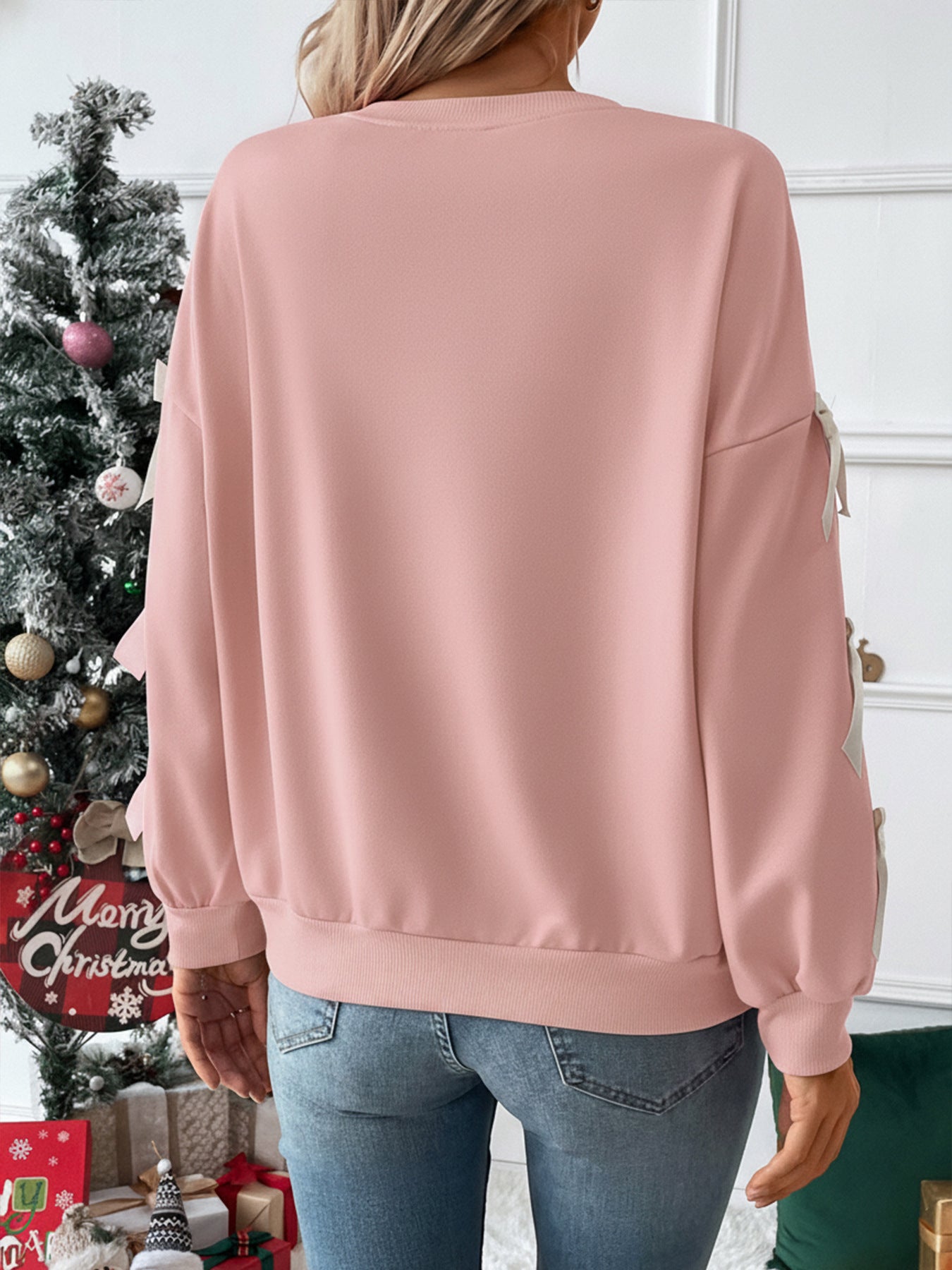 Bow Sleeve Round Neck Long Sleeve Sweatshirt