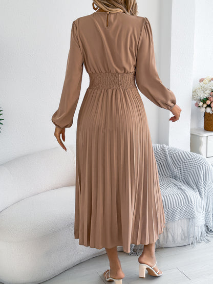 Pleated Maxi Dress Smocked Waist Long Sleeve Midi Dress