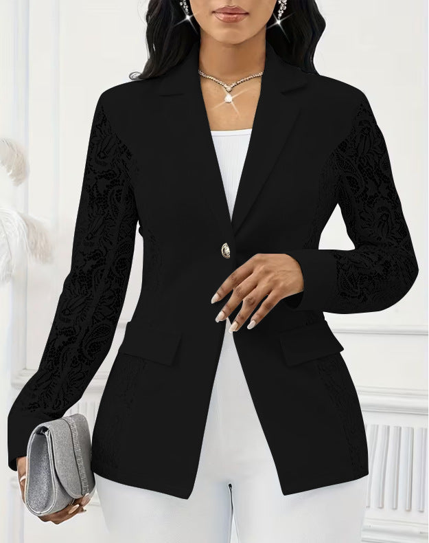 Women's Lace Sleeve Blazer One Button Elegant Jacket