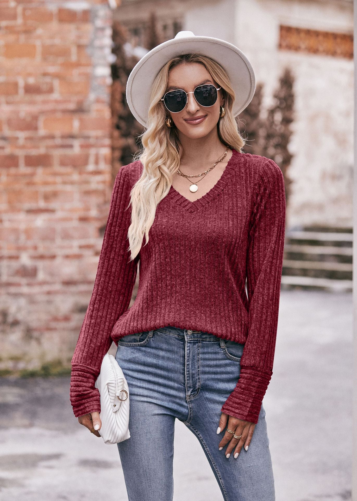 Solid Ribbed V-Neck Long Sleeve Knit Top for Women