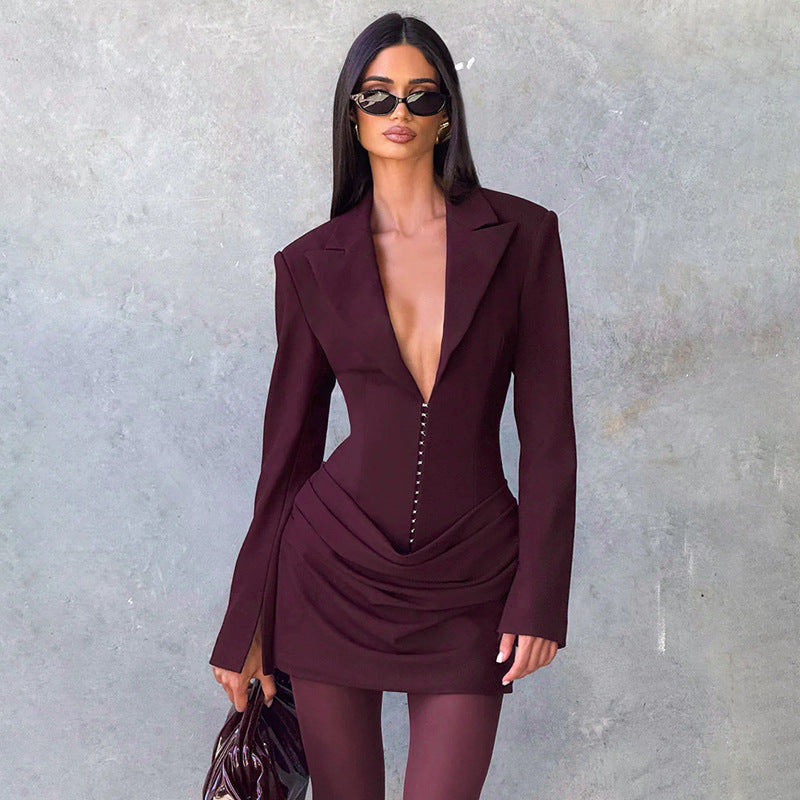 Women's Deep V-Neck Long Sleeve Blazer Dress Bodycon Mini