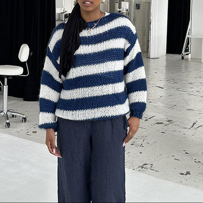 Women's Oversized Striped Chunky Knit Crewneck Sweater