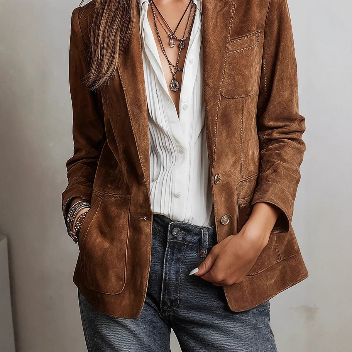 Women's Brown Faux Suede Blazer with Pockets