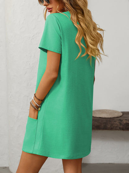 Square Collar Short-Sleeve Casual Pocket Dress