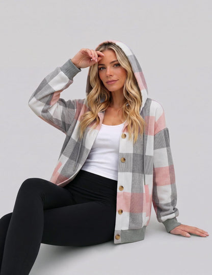 Women's Oversized Hooded Plaid Shacket Jacket
