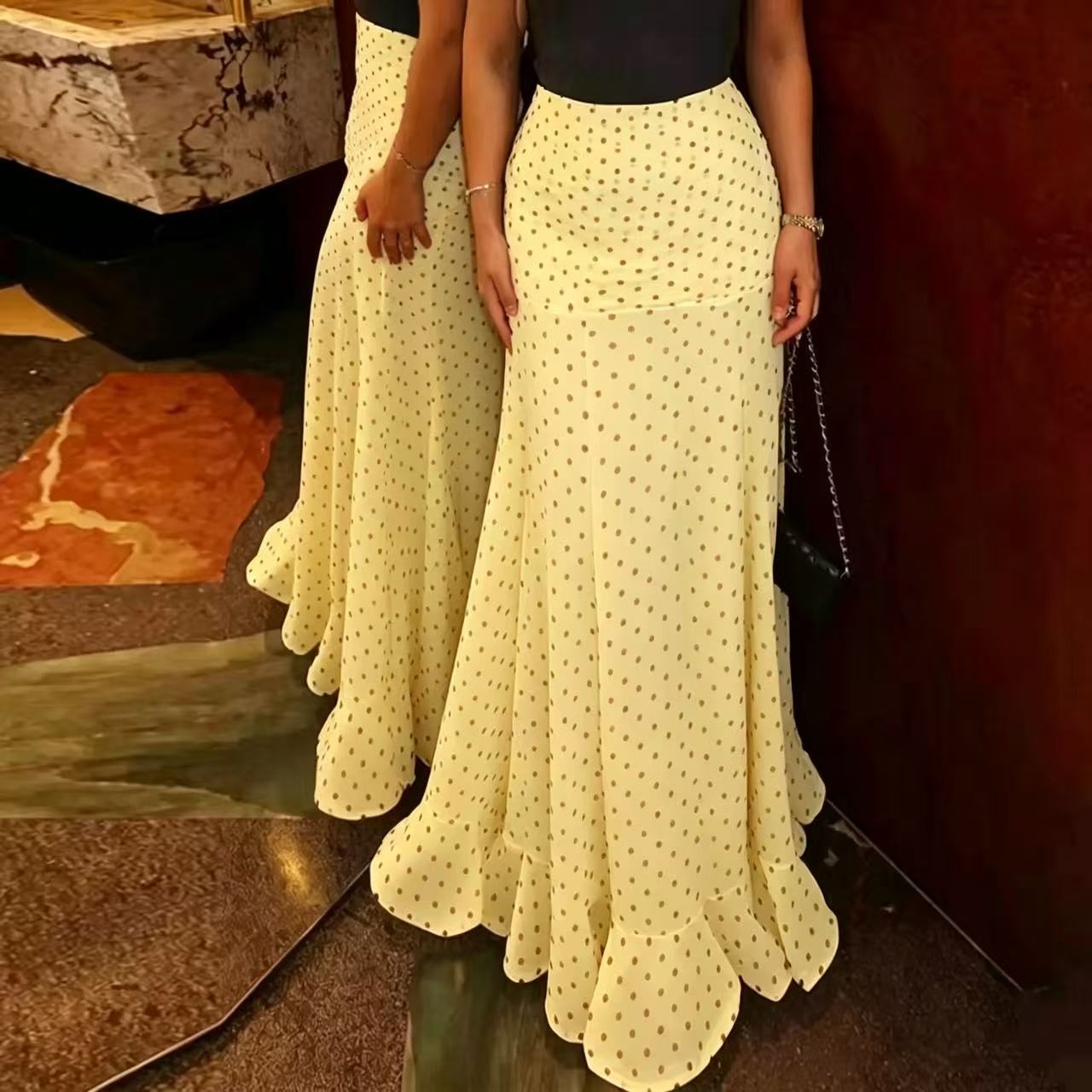 Women's Polka Dot High Waist Chiffon Maxi Skirt Ruffle Hem