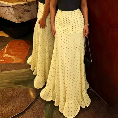 Women's Polka Dot High Waist Chiffon Maxi Skirt Ruffle Hem