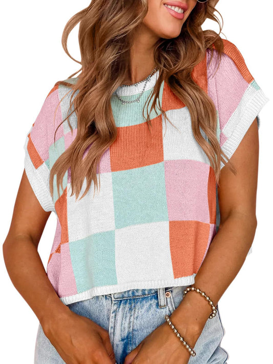 Women’s Colorblock Checkerboard Knit Crop Sweater Tee