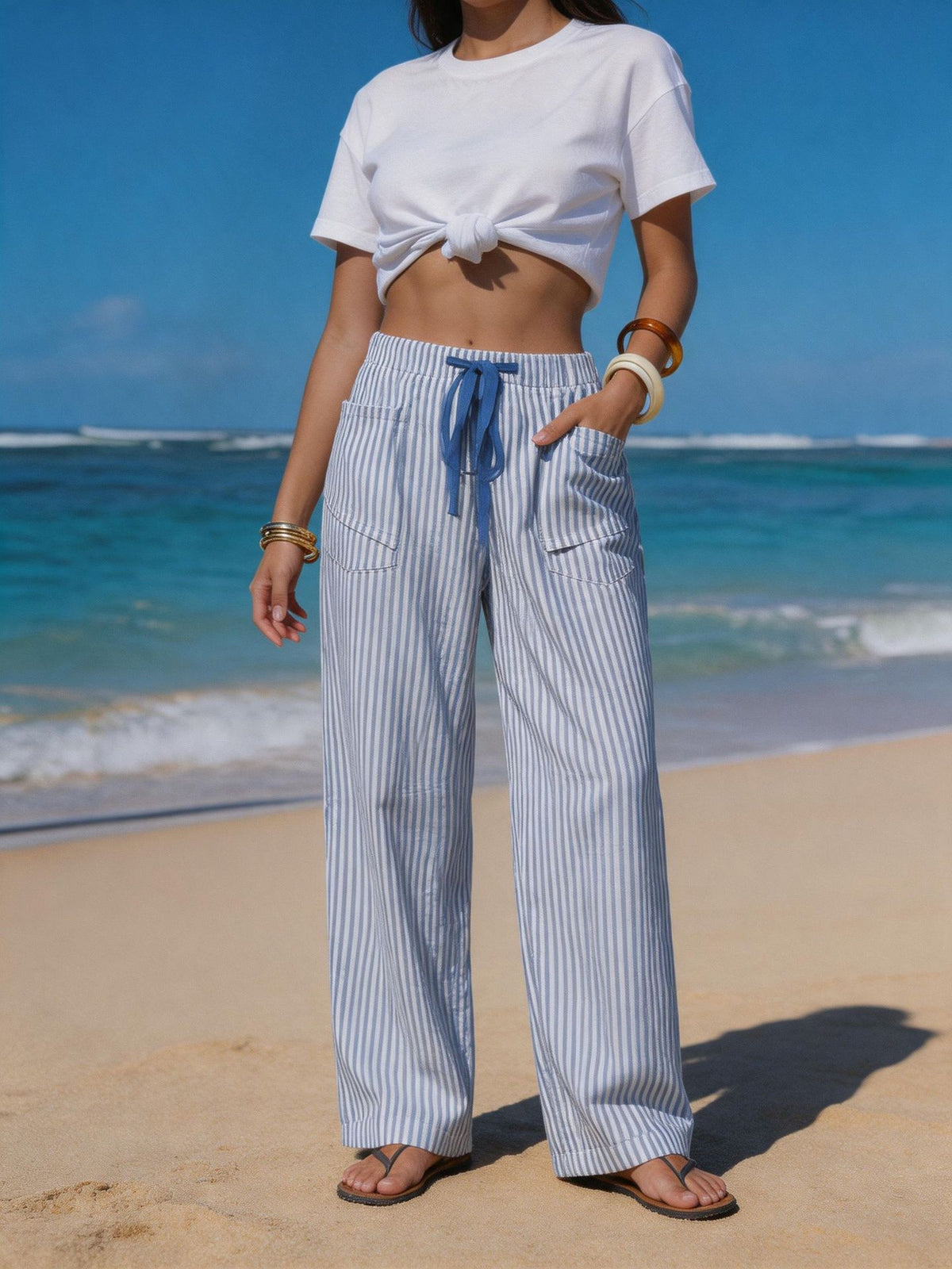 Women's Striped Linen Wide Leg Pants Drawstring Beach