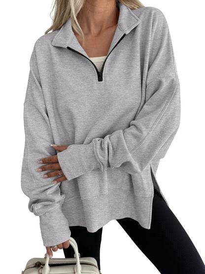 Women's Oversized Quarter Zip Sweatshirt Side Slit Pullover