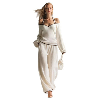 Off Shoulder Contrast Trim Knit Top and Pants Set