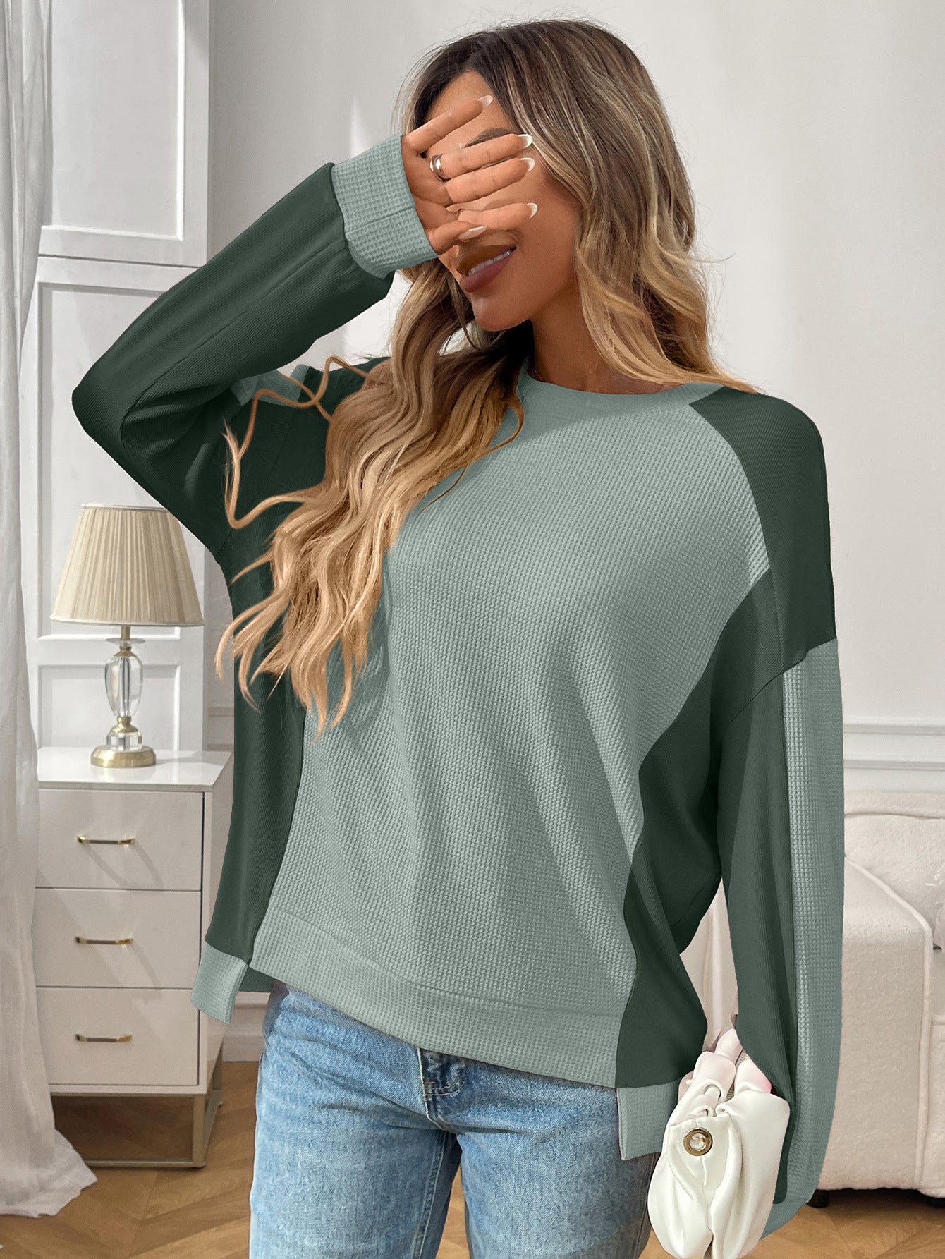 Color Block Waffle Knit Long Sleeve Pullover Top
