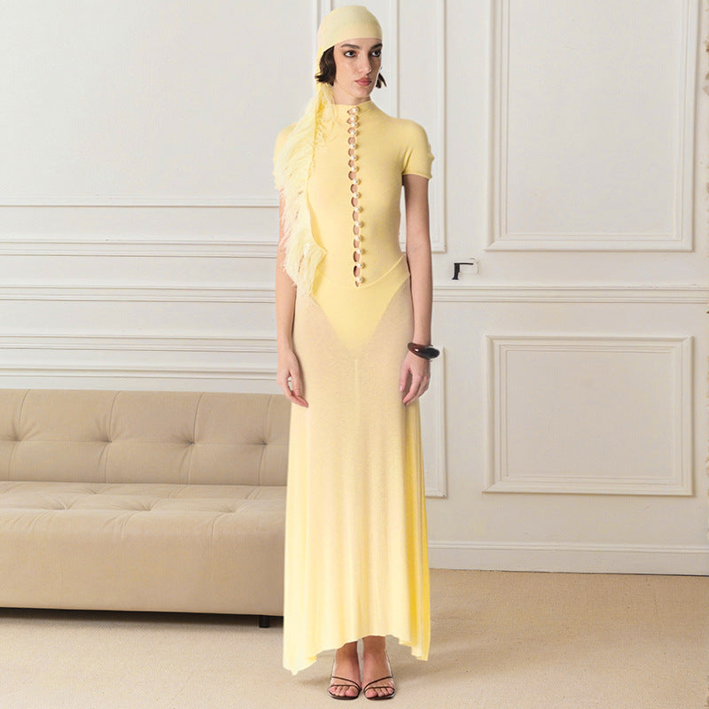 Mock Neck Cutout Bodycon Maxi Dress Short Sleeve