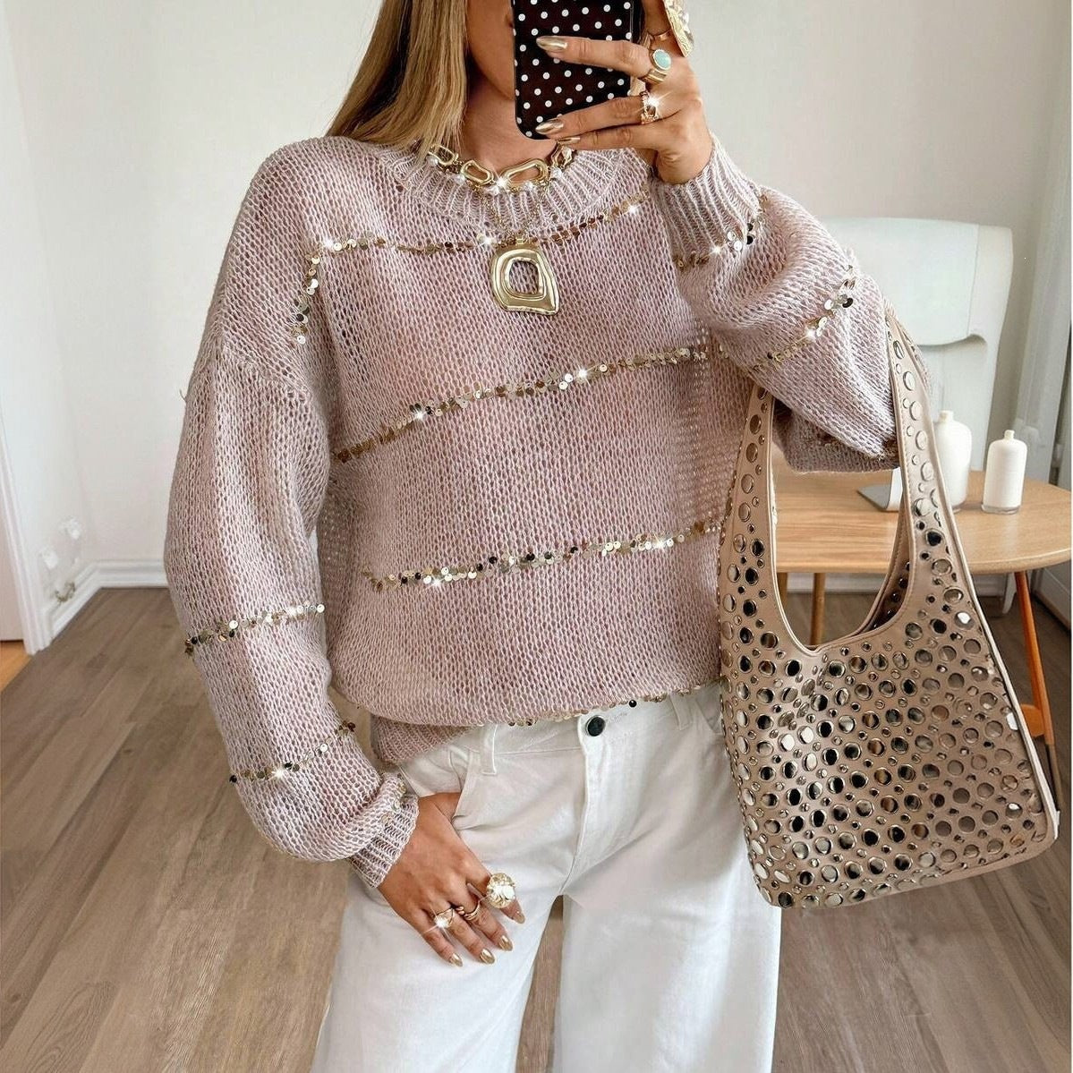 Women's Blush Sequin Crew Neck Oversized Fuzzy Sweater
