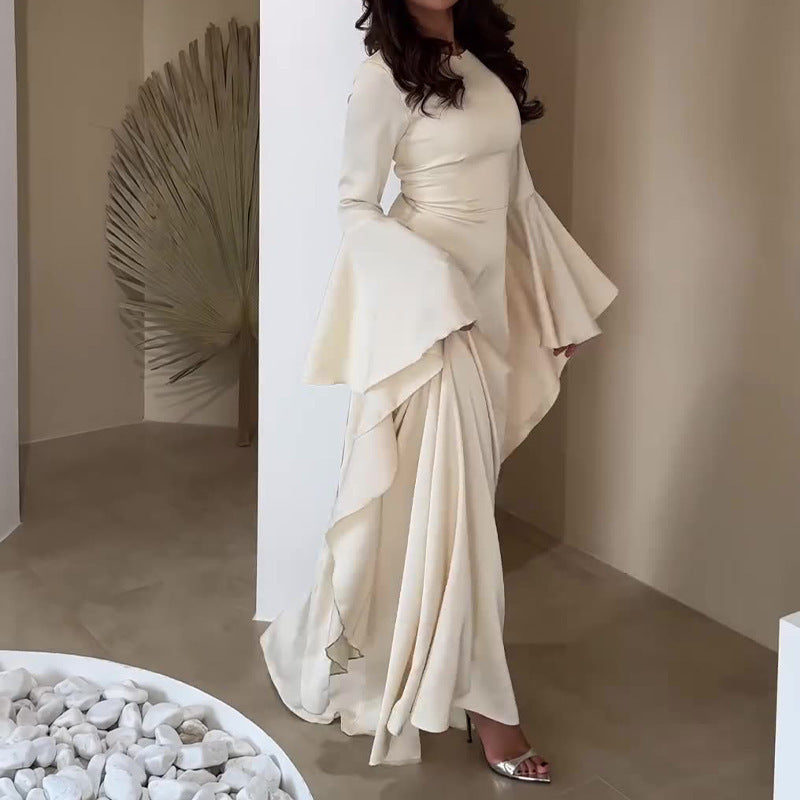 Women Satin Bell Sleeve Ruched Evening Maxi Dress