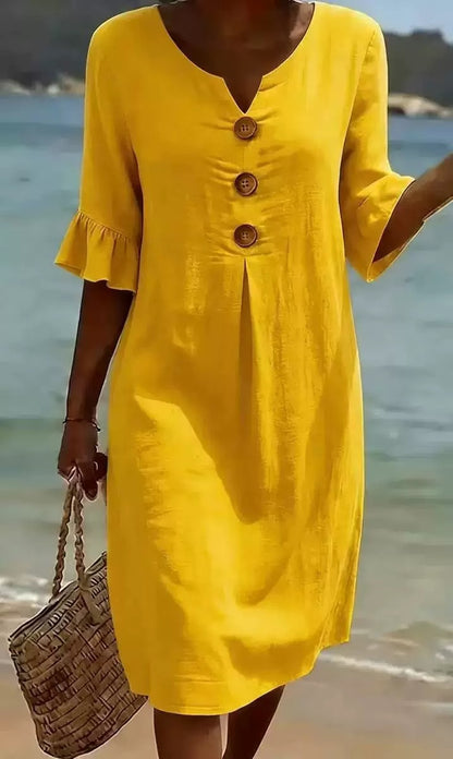 Women's Linen V-Neck Button Ruffle Sleeve Midi Dress