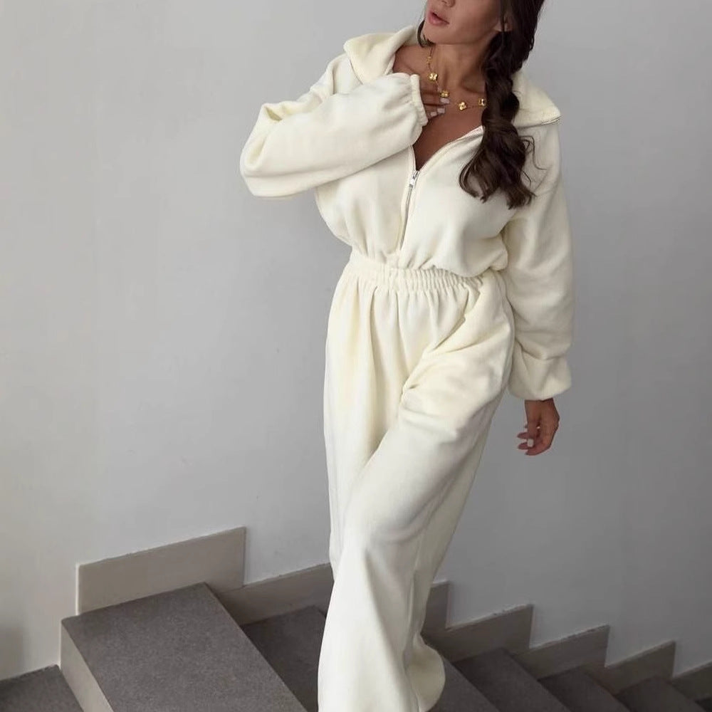 Zip Up Fleece Jumpsuit with Elastic Waist