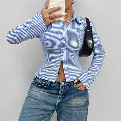 Blue Stripe Button Down Fitted Shirt Chic Long Sleeve Top