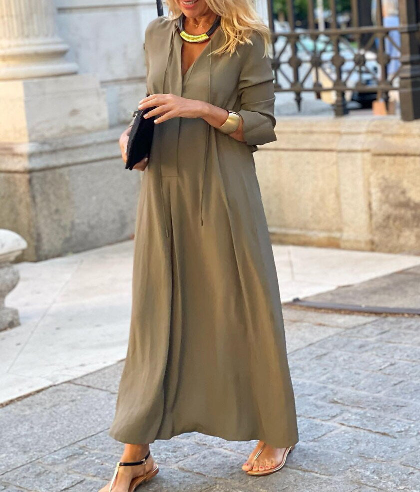 Women's Flowy Long Sleeve Maxi Shirt Dress With Pockets