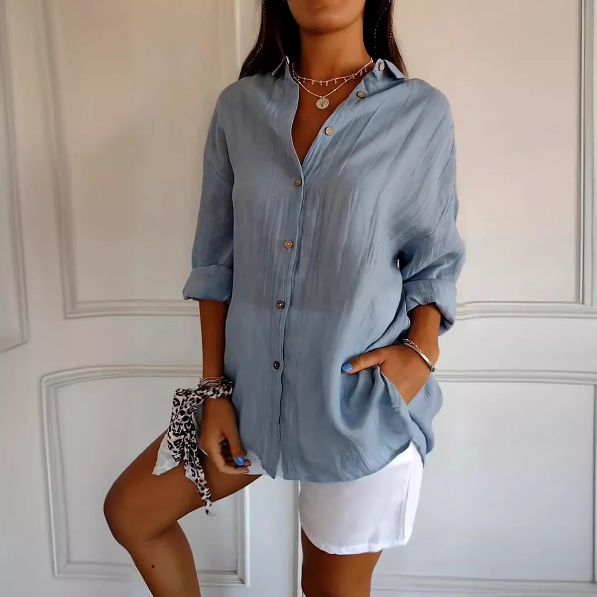Women's Pleated Collared Button Down Blouse Roll Tab Sleeve