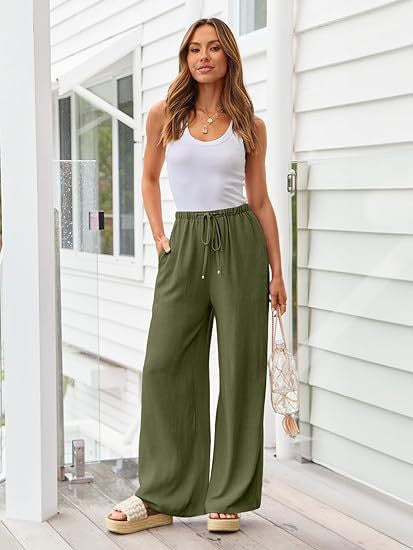 Women's Linen Wide Leg Pants Drawstring Elastic Waist