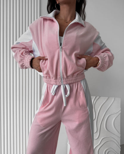 Velvet Tracksuit Color Block Zip Jacket Pants Set