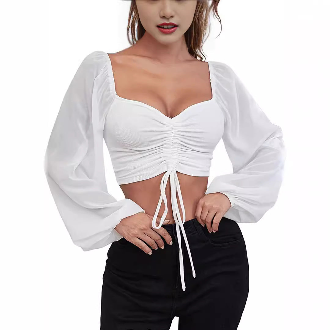 Women's Ruched Tie Front Crop Top Sheer Puff Sleeve Blouse