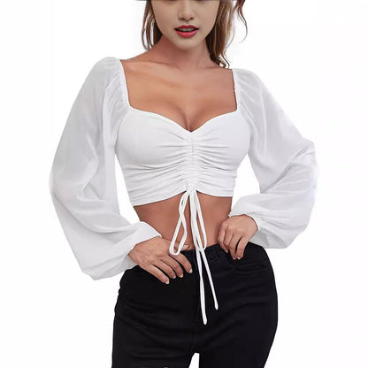 Women's Ruched Tie Front Crop Top Sheer Puff Sleeve Blouse