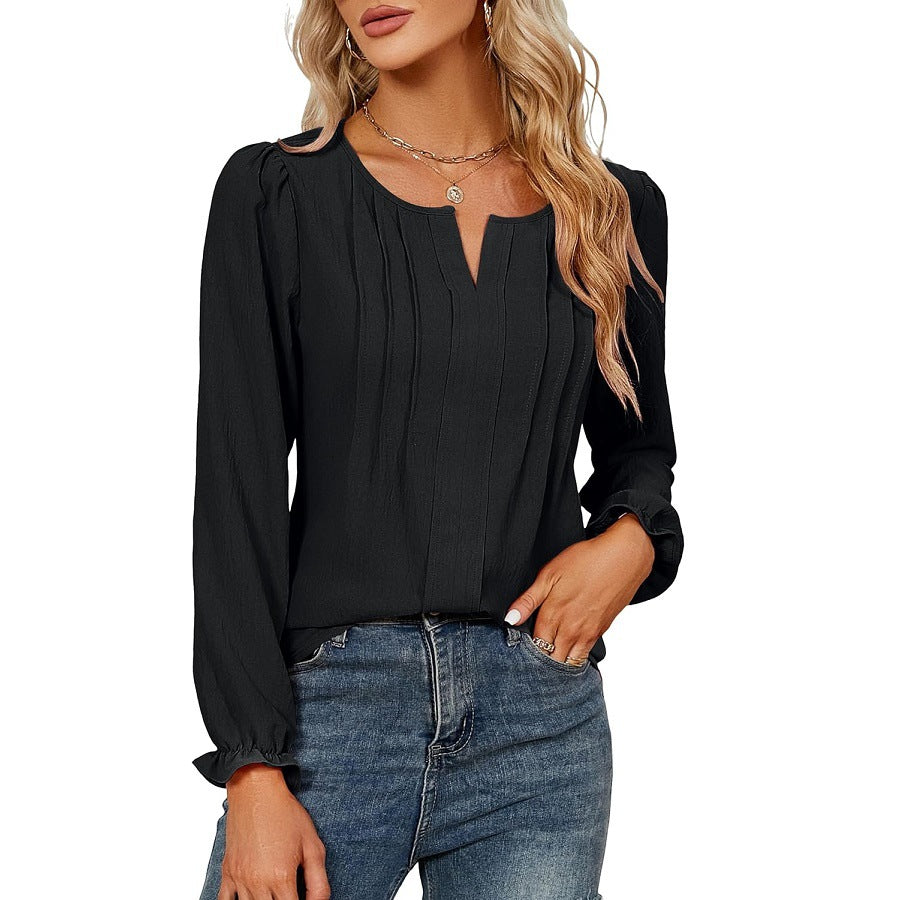 Pleated Chiffon V Neck Long Sleeve Casual Blouse