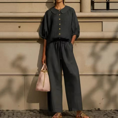 Women's Puff Sleeve Collared Shirt Wide Leg Pants Set