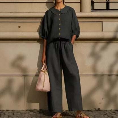 Women's Puff Sleeve Collared Shirt Wide Leg Pants Set