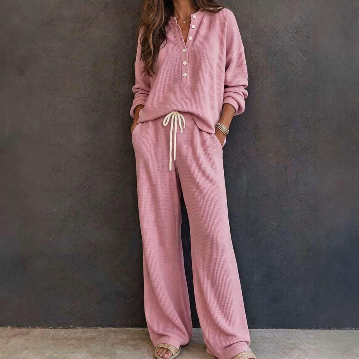 Waffle Knit Lounge Set Women Two Piece Wide Leg Pants
