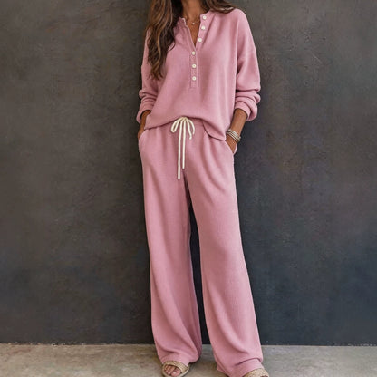 Waffle Knit Lounge Set Women Two Piece Wide Leg Pants