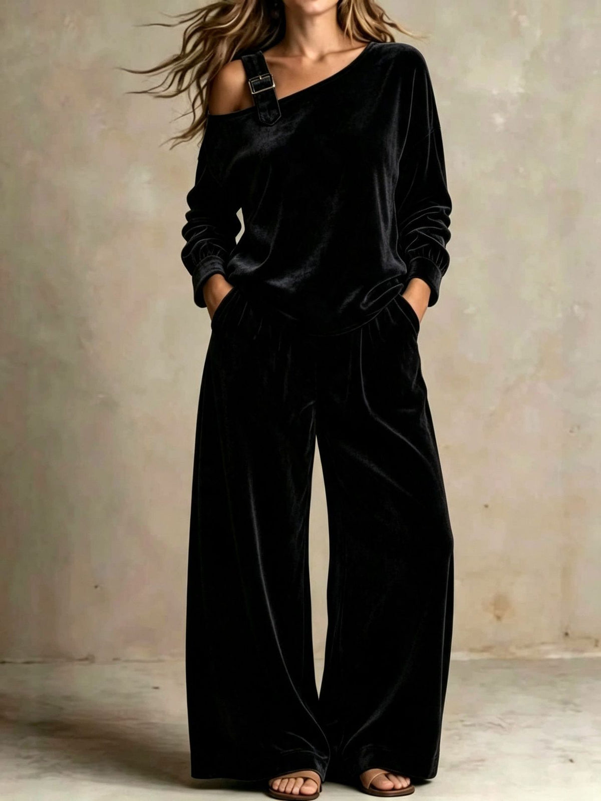 Women's Velvet One Shoulder Two Piece Set Wide Leg Pants