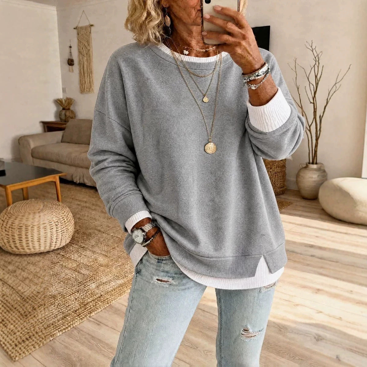 Oversized Layered Crewneck Sweatshirt Side Slit Ribbed
