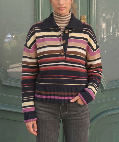 Women's Striped Polo Collar Long Sleeve Sweater