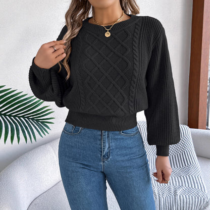 Women's Cable Knit Lantern Sleeve Cropped Sweater