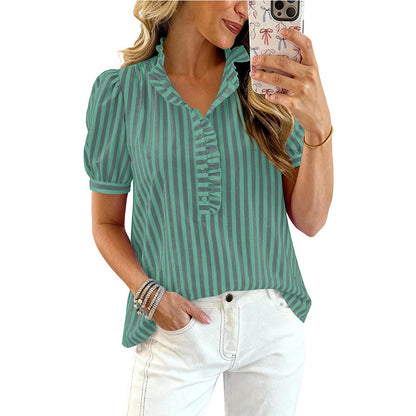 Striped Ruffle Trim Blouse V Neck Puff Sleeve Top