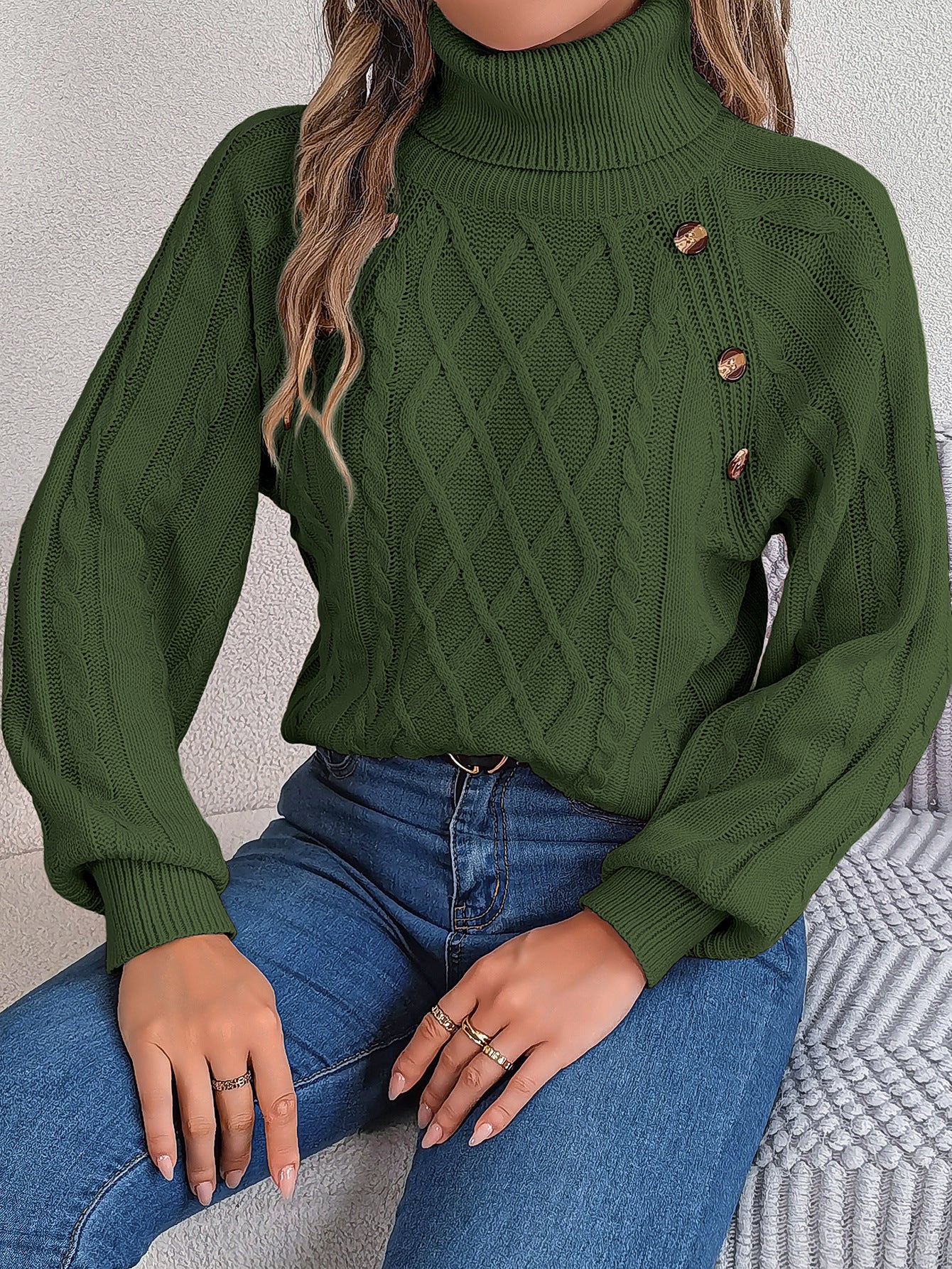 2025 Fall Winter Buttoned Cable Knit Turtleneck Sweater