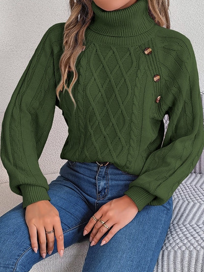 2025 Fall Winter Buttoned Cable Knit Turtleneck Sweater